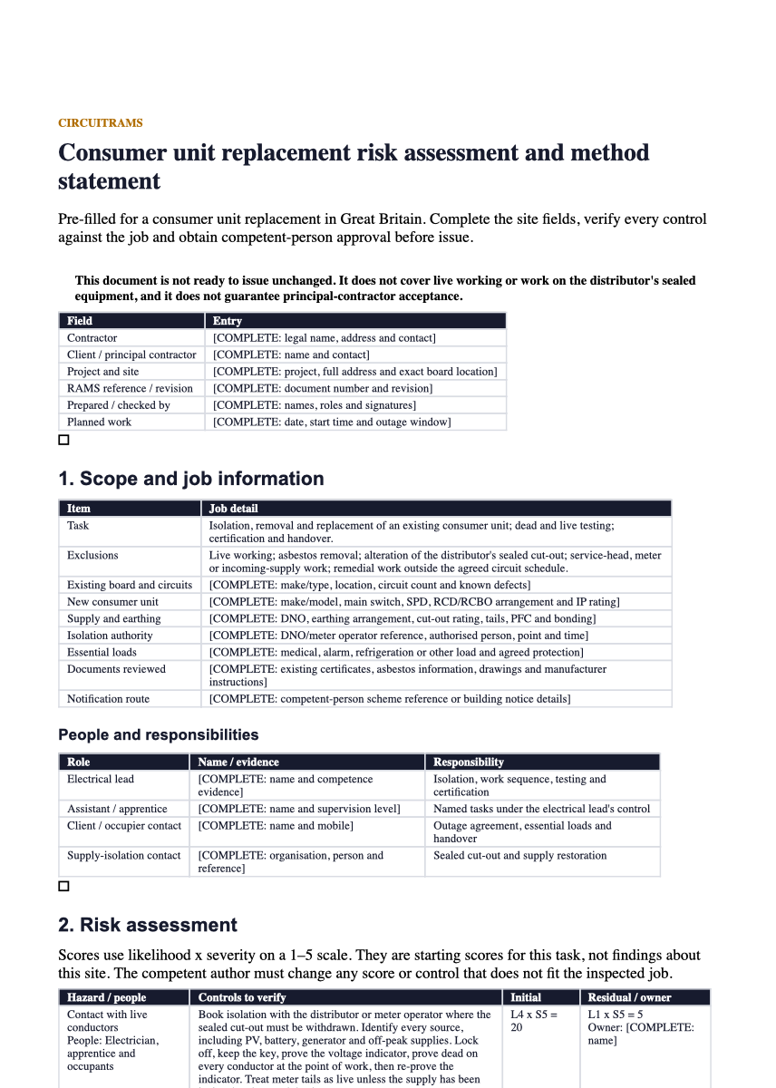First page of the pre-filled consumer unit replacement RAMS Word document
